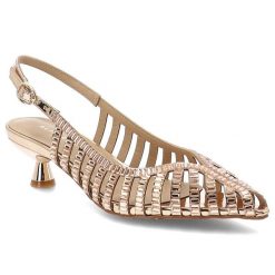 Sandały damskie Alma En Pena, cholewka ze skóry ekologicznej o plecionym, ażurowym wykończeniu zapięcie na pasek wokół pięty spiczasty nosek, różowe,. Czerwone sandały damskie Alma En Pena, w ażurowe wzory, ze skóry ekologicznej, bez obcasa, na słupku, bez zapięcia. Za 599.00 zł.