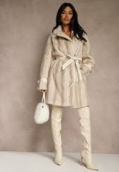 Jasnobeżowy Płaszcz Futerko z Paskiem z Imitacji Skóry i Klamrami przy Mankietach Charysha. Brązowe płaszcze damskie Renee, l, bez wzorów, z futra, bez kaptura. Za 339.99 zł.