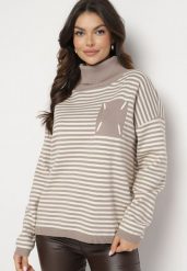 Beżowy Prążkowany Golf z Bawełną w Paski i Naszywką Lerialina. Brązowe golfy damskie Born2be, z aplikacjami, z bawełny, bez ramiączek. Za 139.99 zł.