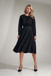 Czarna Rozkloszowana Midi Sukienka z Marszczeniami. Czarne sukienki damskie Figl, bez wzorów, z materiału, bez ramiączek. Za 349.00 zł.