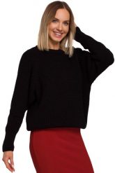 Czarny Klasyczny Luźny Sweter w Prążek. Czarne swetry klasyczne damskie MOE, l, z materiału, bez kołnierzyka. Za 209.90 zł.