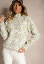 Beżowo-Zielony Wzorzysty Golf z Wełną o Klasycznym Prostym Kroju Mirika. Brązowe golfy damskie Renee, l, bez wzorów, z wełny, bez ramiączek. Za 59.99 zł.