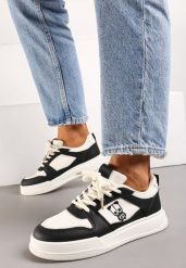 Czarno-Beżowe Sneakersy z Ekoskóry na Grubej Podeszwie z Naszywką i Sznurowaniem Irveta. Czarne obuwie sportowe damskie Born2be, bez zapięcia. Za 89.99 zł.