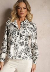 Biało-Czarna Wiskozowa Koszula w Kwiatowy Print z Bufiastymi Rękawami Hanistrae. Czarne koszule damskie Renee, na lato, l, w ażurowe wzory, z jeansu, eleganckie, bez kołnierzyka, bez ramiączek. Za 89.99 zł.