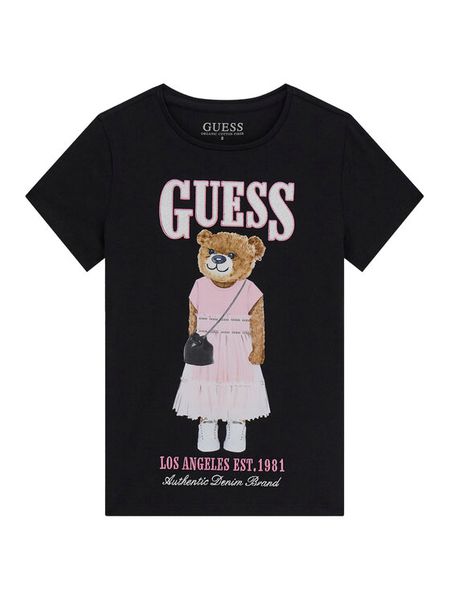 Guess T-Shirt J6RI10 K6YW4 Czarny Regular Fit. Czarne koszulki i t-shirty dziewczęce Guess, z aplikacjami, z bawełny, bez kołnierzyka, bez ramiączek. Za 115.00 zł.