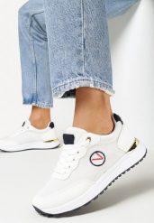 Białe Sneakersy z Metalicznymi Wstawkami i Drobnym Haftem c. Białe obuwie sportowe damskie Born2be, przed kostkę, bez zapięcia. Za 69.99 zł.