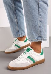 Biało-Zielone Płaskie Skórzane Sneakersy Ozdobione Paskami Navilen. Białe obuwie sportowe damskie Born2be, z jeansu, bez zapięcia. Za 159.99 zł.