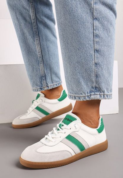 Biało-Zielone Płaskie Skórzane Sneakersy Ozdobione Paskami Navilen. Białe obuwie sportowe damskie Born2be, z jeansu, bez zapięcia. Za 159.99 zł.