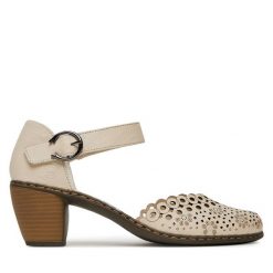 Półbuty Rieker. Brązowe czółenka damskie Rieker, bez wzorów, bez obcasa, na obcasie. Za 299.99 zł.