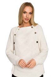 Sweter z Metalowymi Guzikami - Kość Słoniowa. Białe swetry klasyczne damskie MOE, l, z materiału, bez kołnierzyka. Za 254.90 zł.