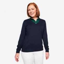 Sweter do golfa damski MW 100 dekolt w serek. Niebieskie golfy damskie INESIS, l, z bawełny, bez kołnierzyka. Za 69.99 zł.