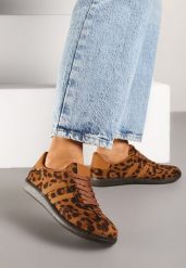 Brązowe Casualowe Sneakersy z Ekozamszu w Panterkę na Płaskiej Podeszwie Pemeriana. Brązowe obuwie sportowe damskie Renee, z jeansu, bez zapięcia. Za 59.99 zł.