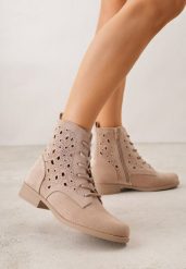 Ciemnobeżowe Ażurowe Botki ze Sznurowaną Cholewką Sephylia. Brązowe botki damskie Renee, z jeansu, boho, bez obcasa, na płaskiej podeszwie, bez zapięcia. Za 119.99 zł.