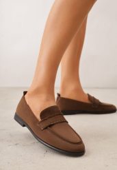 Jasnobrązowe Mokasyny Vices z Wkładką ze Skóry Naturalnej i Paskiem z Przeszyciami Fonarrie. Brązowe mokasyny damskie Renee, z jeansu, bez obcasa. Za 89.99 zł.