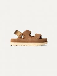 UGG Skórzane sandały "Golden Glide" w kolorze jasnobrązowym rozmiar: 38. Brązowe sandały damskie Ugg, bez wzorów, ze skóry, z otwartym noskiem, bez obcasa, bez zapięcia. Za 549.06 zł.