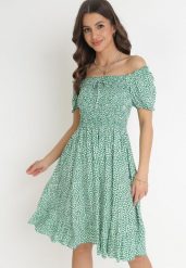 Zielona Bawełniana Sukienka Hiszpanka w Kwiatki Rutani. Zielone sukienki damskie Born2be, bez wzorów, z bawełny, eleganckie, bez ramiączek. Za 89.99 zł.