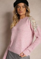 Różowy Sweter z Przezroczystymi Wstawkami z Cyrkoniami Perełkami i Cekinami z Wełną Tiarinae. Czerwone swetry klasyczne damskie Renee, z jeansu, bez kołnierzyka. Za 159.99 zł.