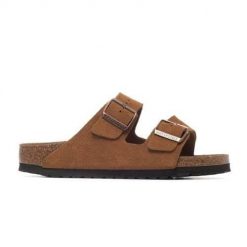 Klapki damskie Birkenstock Arizona Leve Mink. Brązowe klapki damskie Birkenstock, bez wzorów, z jeansu, bez obcasa, bez zapięcia. Za 551.10 zł.