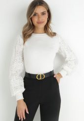 Biały Sweter z Bufiastym Ażurowym Rękawem Cayemi. Białe swetry klasyczne damskie Born2be, z dzianiny, bez kołnierzyka. Za 139.99 zł.