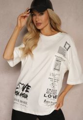 Biała Koszulka z Elastycznej Bawełny Ozdobiona Napisami Trives. Białe bluzki damskie Renee, l, bez wzorów, z bawełny, bez kołnierzyka, bez ramiączek. Za 44.99 zł.