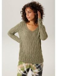 Aniston Sweter w kolorze zielonym rozmiar: 46. Zielone swetry klasyczne damskie Aniston, z bawełny, bez kołnierzyka. Za 65.99 zł.