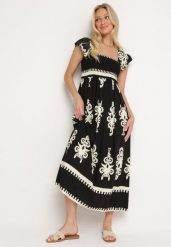 Czarna Boho Sukienka z Wiskozy na Szerokich Ramiączkach z Gumkami w Pasie i Falbanką Cleria. Czarne sukienki damskie Born2be, bez wzorów, z wiskozy, boho, bez ramiączek. Za 139.99 zł.