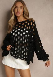 Czarny Nietoperzowy Sweter z Dzianiny z Wełną o Ażurowym Splocie Filarasea. Czarne swetry klasyczne damskie Renee, z dzianiny, bez kołnierzyka. Za 129.99 zł.