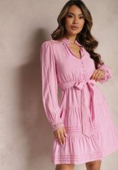 Różowa Rozkloszowana Sukienka z Koronkowymi Wstawkami i Wiązaniem w Talii Padria. Czerwone sukienki damskie Renee, bez wzorów, z koronki, eleganckie, bez ramiączek. W wyprzedaży za 101.99 zł.