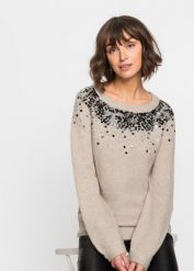 Sweter z kolorowymi cekinami. Brązowe swetry klasyczne damskie bonprix, bez kołnierzyka. Za 149.99 zł.
