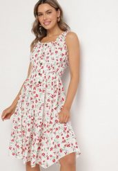 Biało-Czerwona Sukienka Rozkloszowana na Ramiączkach w Kwiaty Tallio. Białe sukienki damskie Born2be, bez wzorów, z jeansu, eleganckie, bez ramiączek. Za 69.99 zł.