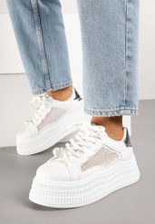 Biało-Srebrne Sneakersy na Platformie z Transparentną Siateczką Perłami i Cyrkoniami Aderiba. Białe obuwie sportowe damskie Born2be, z jeansu, bez zapięcia. Za 99.99 zł.