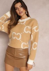 Beżowy Sweter Oversize Pasithoe. Brązowe swetry klasyczne damskie Renee, na jesień, m, z dzianiny, bez kołnierzyka. Za 109.99 zł.