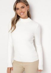 Biały Sweter z Wiskozą i Golfem z Elastycznego Prążkowanego Materiału Nikiella. Białe golfy damskie Born2be, z materiału, bez kołnierzyka. Za 84.99 zł.