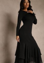 Czarna Dopasowana Sukienka z Wiskozą Zdobiona Falbankami u Dołu Setra. Czarne sukienki damskie Renee, z aplikacjami, z wiskozy, eleganckie, bez ramiączek. Za 179.99 zł.