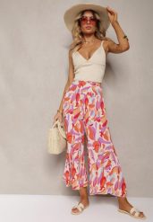 Beżowo-Różowe Spodnie Kuloty z Wiskozy High Waist z Gumką w Pasie Alaqinta. Brązowe spodnie materiałowe damskie Renee, bez wzorów, z jeansu. Za 39.99 zł.