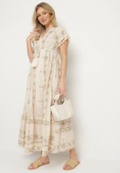 Beżowa Bawełniana Sukienka w Boho Print Rozkloszowana z Metalicznymi Haftami i Frędzlami Divilea. Brązowe sukienki damskie Born2be, bez wzorów, z bawełny, boho, bez ramiączek. W wyprzedaży za 195.49 zł.