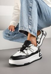 Biało-Czarne Sneakersy na Platformie z Paskiem z Cyrkonii Aneolin. Białe obuwie sportowe damskie Renee, bez zapięcia. Za 89.99 zł.