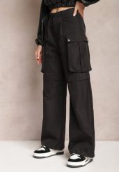 Czarne Szerokie Spodnie High Waist w Stylu Cargo Vomisal. Czarne spodnie materiałowe damskie Renee, bez wzorów, z jeansu. Za 109.99 zł.