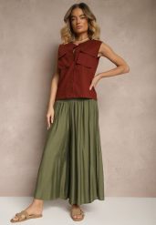 Ciemnozielone Spodnie o Szerokim Kroju Kuloty High Waist o Długości 7/8 Ulanova. Zielone spodnie materiałowe damskie Renee, bez wzorów, z jeansu. Za 39.99 zł.
