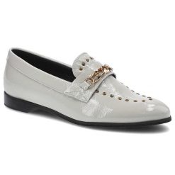 Lordsy damskie Lamanti, naturalna skóra licowa o lakierowanym wykończeniu z paskiem na podbiciu z metalowym łańcuchem metalowymi detalami oraz niską. Szare półbuty damskie LAMANTI, bez wzorów, ze skóry, bez obcasa, na płaskiej podeszwie, bez zapięcia. Za 279.00 zł.