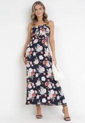 Czarna Sukienka Maxi na Szerokich Ramiączkach z Ozdobnymi Guzikami w Kwiaty Delphyne. Czarne sukienki damskie Born2be, bez wzorów, z tkaniny, bez ramiączek. Za 99.99 zł.