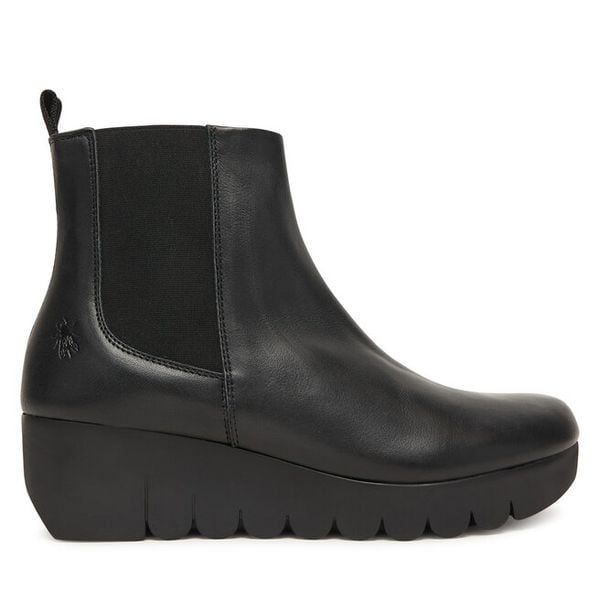 Botki Fly London. Czarne botki damskie Fly London, bez obcasa, na koturnie, bez zapięcia. Za 369.99 zł.