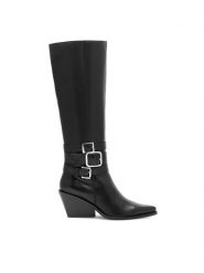 Eva Minge Kozaki CAREI-111347 Czarny. Czarne kozaki damskie Eva Minge, ze skóry, bez obcasa, na słupku, bez zapięcia. Za 449.99 zł.