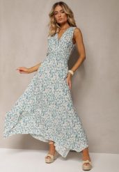 Miętowa Bawełniana Sukienka z Gumką w Pasie Kopertowym Dekoltem w Kwiaty Anelette. Zielone sukienki damskie Renee, bez wzorów, z bawełny, eleganckie, bez ramiączek. W wyprzedaży za 32.99 zł.