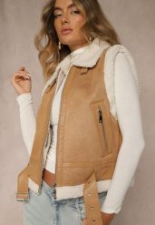 Beżowa Kamizelka w Rockowym Stylu z Futerkiem w Stylu Baranka i Klamrą Tiofira. Brązowe kamizelki damskie Renee, l, bez wzorów, z futra, bez kaptura. Za 179.99 zł.