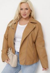 Brązowa Kurtka Ramoneska z Ekoskóry z Ozdobnymi Paskami na Napy Bellassa. Brązowe kurtki damskie Born2be, plus size, bez wzorów, bez kaptura. Za 179.99 zł.