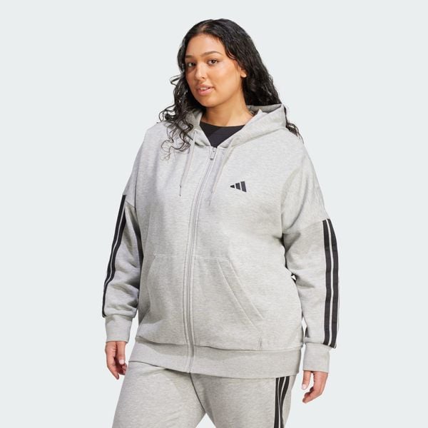 Bluza Essentials 3-Stripes Full-Zip Fleece Hoodie (Plus Size). Czarne bluzy damskie Adidas, plus size, bez wzorów, z materiału, z kapturem. W wyprzedaży za 194.25 zł.