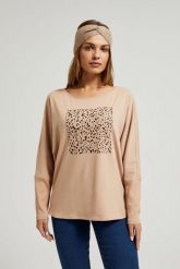 Bluza z nadrukiem i długimi rękawami beżowa. Brązowe bluzy damskie MOODO, l, bez wzorów, z bawełny, bez kaptura. W wyprzedaży za 34.98 zł.