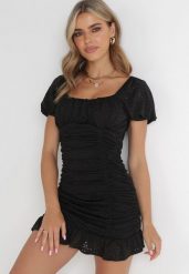 Czarna Ażurowa Sukienka Mini z Kwadratowym Dekoltem i Falbankami z Bawełny Michala. Czarne sukienki damskie Born2be, w ażurowe wzory, z bawełny, eleganckie, bez ramiączek. Za 209.99 zł.