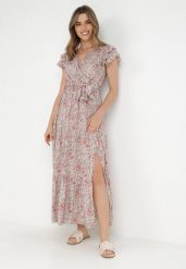 Zielono-Czerwona Sukienka Rhenosyne. Zielone sukienki damskie Born2be, bez wzorów, z materiału, bez ramiączek. Za 139.99 zł.